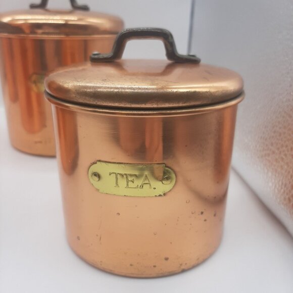 Vintage Copper Kitchen Canister Set Flour Sugar Coffee Tea Rustic Farmhouse - Picture 5 of 12